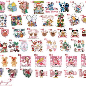 May include: A collection of numbered graphic designs featuring various cartoon characters, holiday themes, and festive motifs. The images include colorful illustrations of characters, gingerbread shapes, and text such as Merry Christmas and Main Street Bakery.
