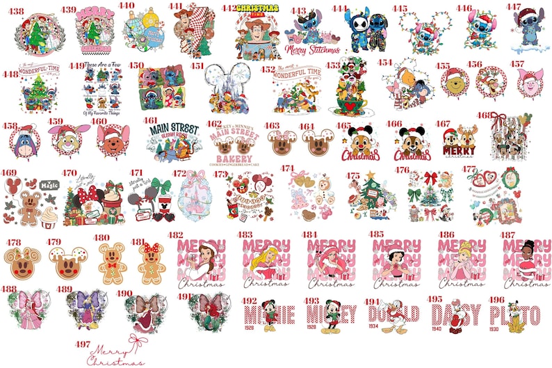 May include: A collection of numbered graphic designs featuring various cartoon characters, holiday themes, and festive motifs. The images include colorful illustrations of characters, gingerbread shapes, and text such as Merry Christmas and Main Street Bakery.