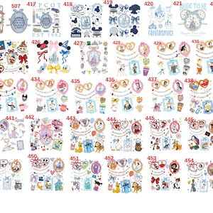 K&ouml;nnte beinhalten: Eine Sammlung farbenfroher Disney-Sticker mit verschiedenen Charakteren, Schl&ouml;ssern, Schleifen und dekorativen Rahmen. Einige Sticker enthalten Texte wie "Disneyland" und "Bride to Be".