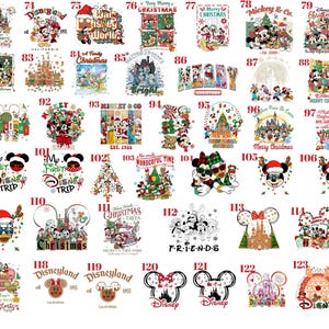 May include: A collection of fifty-three individual graphic designs numbered 72 through 124, featuring various colorful illustrations of cartoon characters, holiday themes, Disney park landmarks, and festive text elements arranged in a grid format.