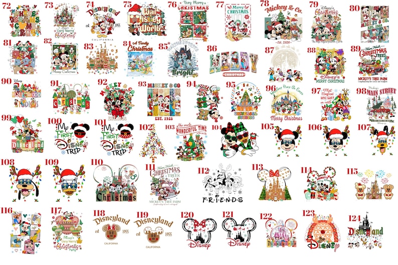 May include: A collection of fifty-three individual graphic designs numbered 72 through 124, featuring various colorful illustrations of cartoon characters, holiday themes, Disney park landmarks, and festive text elements arranged in a grid format.