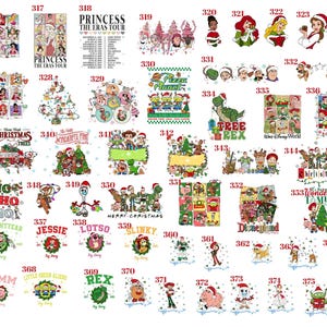 May include: A collection of colorful digital graphic designs featuring various cartoon characters, holiday themes, and text elements arranged in a grid. Each design is numbered from 315 to 377, showcasing diverse illustrations, festive motifs, and character names.