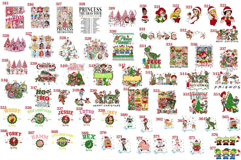 May include: A collection of colorful digital graphic designs featuring various cartoon characters, holiday themes, and text elements arranged in a grid. Each design is numbered from 315 to 377, showcasing diverse illustrations, festive motifs, and character names.