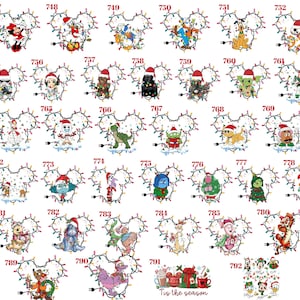 May include: A collection of digital illustrations featuring various cartoon characters framed by Mickey Mouse-shaped Christmas light strands. Each character is numbered from 746 to 792, showcasing festive holiday themes with colorful bulbs and Santa hats.