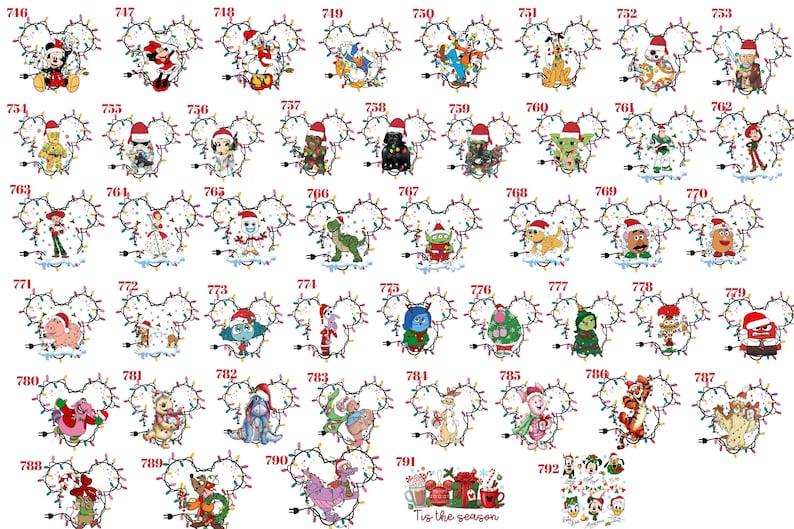 May include: A collection of digital illustrations featuring various cartoon characters framed by Mickey Mouse-shaped Christmas light strands. Each character is numbered from 746 to 792, showcasing festive holiday themes with colorful bulbs and Santa hats.