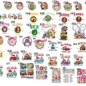 May include: A collection of Christmas-themed Disney character designs. The images feature characters like Woody, Buzz Lightyear, Winnie the Pooh, and others, each wearing a Santa hat. Some designs include text like "Toy Story" and "Disney Cars".