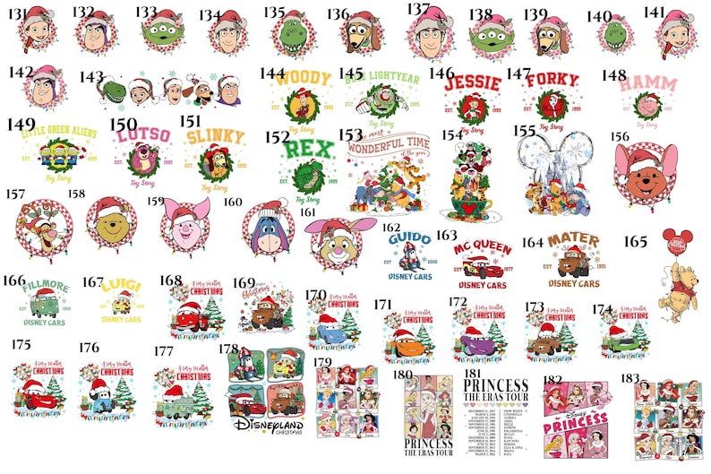 May include: A collection of Christmas-themed Disney character designs. The images feature characters like Woody, Buzz Lightyear, Winnie the Pooh, and others, each wearing a Santa hat. Some designs include text like "Toy Story" and "Disney Cars".