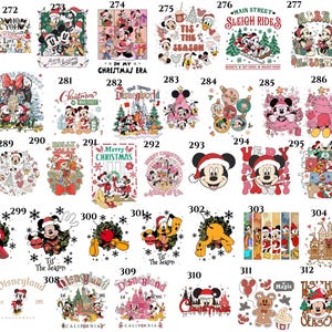 May include: A collection of Christmas-themed Disney character designs. Mickey and Minnie Mouse, Donald Duck, and other characters are featured on various items, including ornaments, wreaths, and apparel.