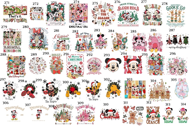 May include: A collection of Christmas-themed Disney character designs. Mickey and Minnie Mouse, Donald Duck, and other characters are featured on various items, including ornaments, wreaths, and apparel.
