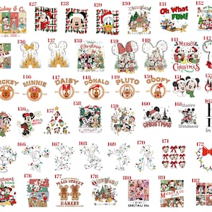May include: A collection of numbered graphic designs featuring Disney characters like Mickey, Minnie, Donald, and Pluto in various Christmas and holiday-themed illustrations, including text elements like Merry Christmas, Disneyland, and character names.