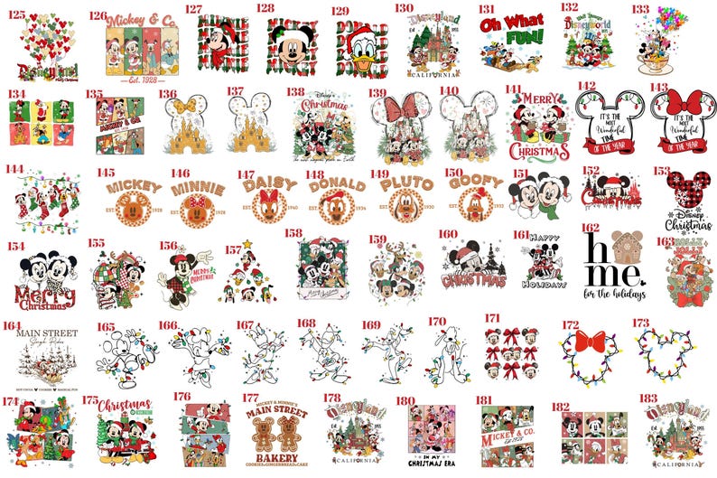 May include: A collection of numbered graphic designs featuring Disney characters like Mickey, Minnie, Donald, and Pluto in various Christmas and holiday-themed illustrations, including text elements like Merry Christmas, Disneyland, and character names.