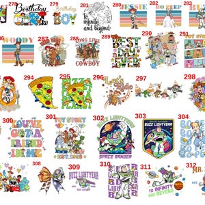 May include: A collection of graphic designs featuring characters and themes from the animated film "Toy Story." Designs include characters like Woody, Buzz Lightyear, Jessie, and others, with text like "Toy Story" and "To Infinity and Beyond."