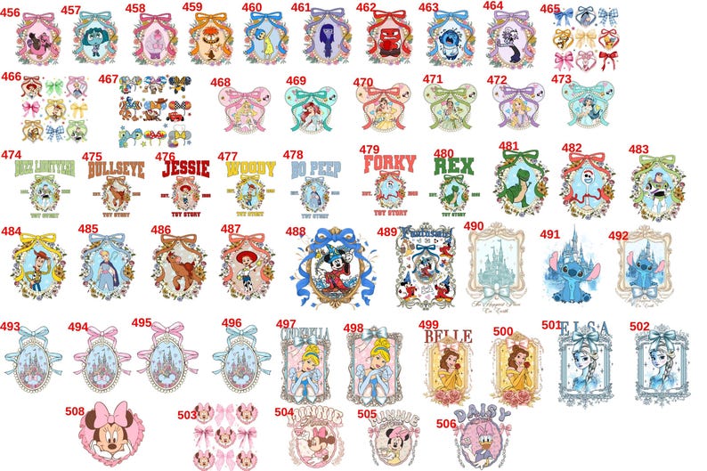 K&ouml;nnte beinhalten: Eine Sammlung von Disney-Grafikdesigns mit Figuren wie Elsa, Mickey Mouse und Belle sowie Toy Story-Charakteren. Jedes Design ist mit dekorativen Elementen und Schleifen umrahmt.