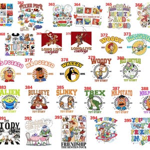 May include: A collection of various Toy Story themed graphic designs. The designs feature characters like Woody, Buzz Lightyear, and Mr. Potato Head, along with text elements such as "Toy Story" and "To Infinity and Beyond."