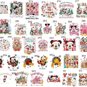 May include: A collection of Disney-themed Christmas designs. The images feature Mickey and Minnie Mouse, along with other Disney characters, in festive settings. Designs include wreaths, ornaments, and holiday greetings.