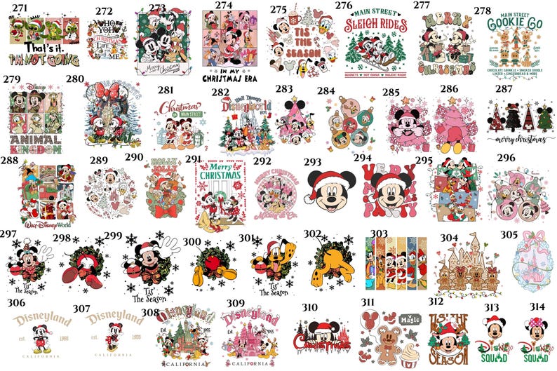 May include: A collection of Disney-themed Christmas designs. The images feature Mickey and Minnie Mouse, along with other Disney characters, in festive settings. Designs include wreaths, ornaments, and holiday greetings.