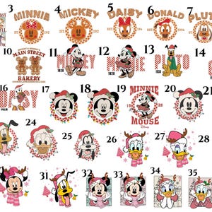 May include: A collection of Disney-themed Christmas designs. The images feature characters like Mickey, Minnie, Donald, and Goofy, with festive elements such as Santa hats, wreaths, and the text "It's the Most Wonderful Time of the Year."