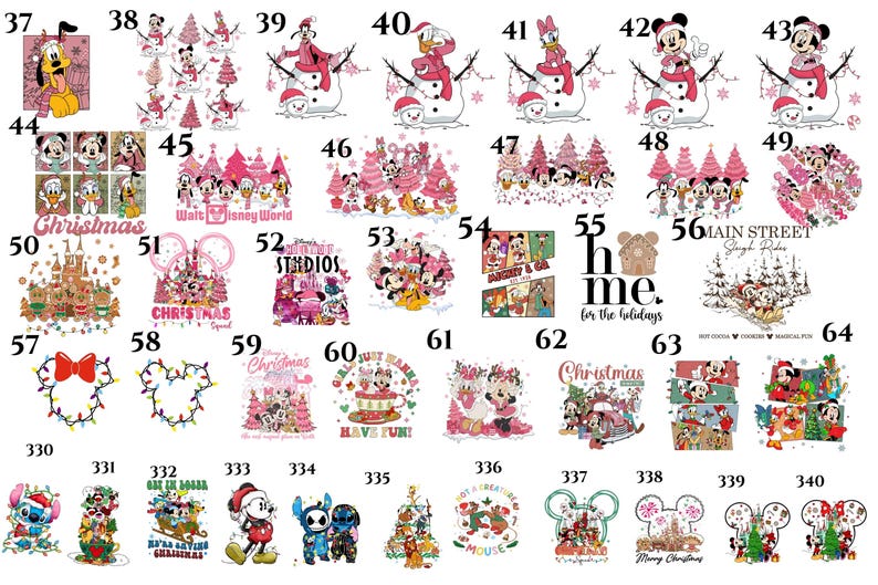 May include: A collection of Christmas-themed designs featuring Disney characters. The images include Mickey and Minnie Mouse, Donald Duck, and other characters in festive settings, with text like "Christmas" and "Home for the Holidays."