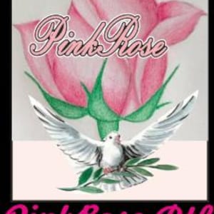 May include: A watercolor illustration features a pink rose with green leaves and a white dove with outstretched wings. The text "Pink Rose" is above the dove, and "PinkRose Dtf" is below.