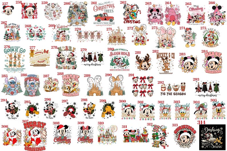May include: A collection of seventy-eight individual graphic designs featuring Disney characters like Mickey and Minnie Mouse in various Christmas-themed scenes, including holiday trees, castles, and festive text, numbered from 237 to 314.