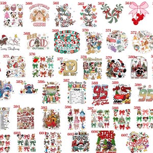 May include: A collection of fifty-one individual graphic designs numbered 558 through 608, featuring various colorful holiday-themed illustrations, cartoon characters, festive bows, and text elements arranged in a grid for printing applications.