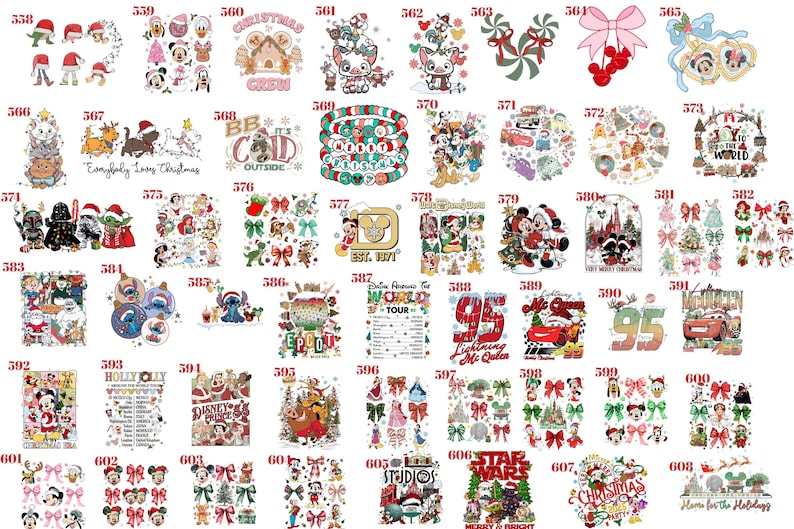 May include: A collection of fifty-one individual graphic designs numbered 558 through 608, featuring various colorful holiday-themed illustrations, cartoon characters, festive bows, and text elements arranged in a grid for printing applications.