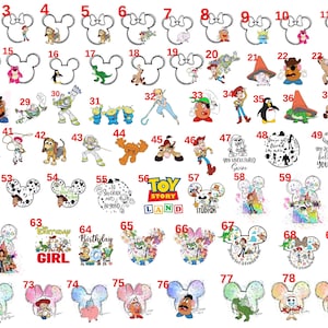 May include: A collection of various cartoon character designs, including Mickey Mouse, Minnie Mouse, and characters from Toy Story, displayed on a white background. The designs are in a variety of colors and styles, suitable for crafting or themed projects.