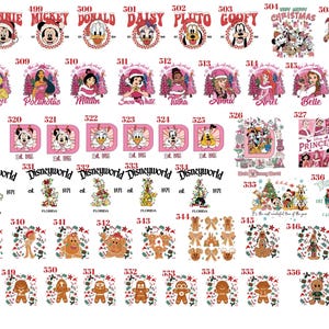 May include: A collection of numbered graphic designs featuring various Disney characters, holiday themes, and park logos. The images include colorful illustrations of Mickey, Minnie, and other figures, often set against pink or festive backgrounds.
