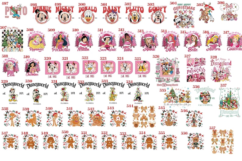May include: A collection of numbered graphic designs featuring various Disney characters, holiday themes, and park logos. The images include colorful illustrations of Mickey, Minnie, and other figures, often set against pink or festive backgrounds.