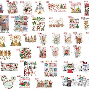 May include: A collection of colorful graphic designs featuring various cartoon characters, holiday themes, and text labels numbered 609 through 653. The illustrations include festive motifs, Disney-inspired figures, and seasonal patterns in a variety of styles.