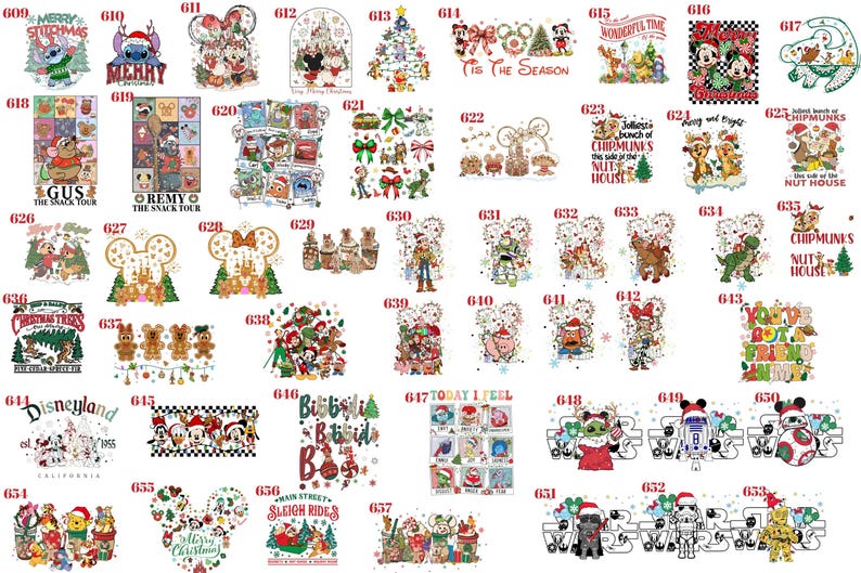 May include: A collection of colorful graphic designs featuring various cartoon characters, holiday themes, and text labels numbered 609 through 653. The illustrations include festive motifs, Disney-inspired figures, and seasonal patterns in a variety of styles.