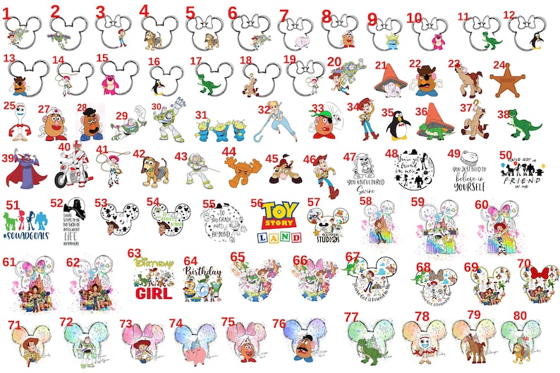 May include: A collection of various cartoon character designs, including Mickey Mouse, Minnie Mouse, and characters from Toy Story, displayed on a white background. The designs are in a variety of colors and styles, suitable for crafting or themed projects.