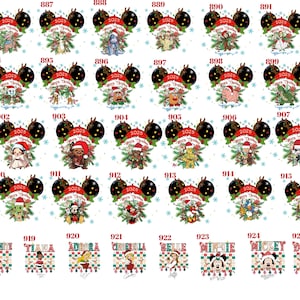 May include: A collection of digital graphic designs featuring various cartoon characters, each framed by black mouse ears with the text 2025 and Merry Christmas. The designs include numbered labels from 885 to 926, showcasing festive holiday themes.