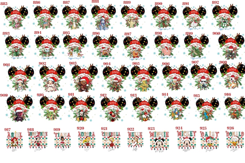 May include: A collection of digital graphic designs featuring various cartoon characters, each framed by black mouse ears with the text 2025 and Merry Christmas. The designs include numbered labels from 885 to 926, showcasing festive holiday themes.