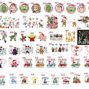 May include: A collection of digital graphic designs featuring various animated characters from Toy Story, Star Wars, Inside Out, and Cars, many wearing Santa hats or holiday accessories, numbered 378 through 437, arranged in a grid format.