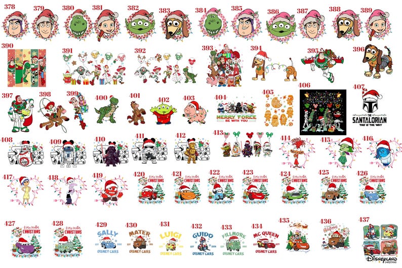 May include: A collection of digital graphic designs featuring various animated characters from Toy Story, Star Wars, Inside Out, and Cars, many wearing Santa hats or holiday accessories, numbered 378 through 437, arranged in a grid format.
