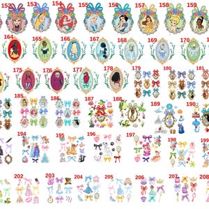 K&ouml;nnte beinhalten: Eine Sammlung verschiedener digitaler Aufkleber und Illustrationen zum Thema Prinzessinnen. Das Bild zeigt ovale Portr&auml;ts von Prinzessinnen, Schleifen und andere dekorative Elemente in verschiedenen Farben, darunter Rosa, Blau und Gold.