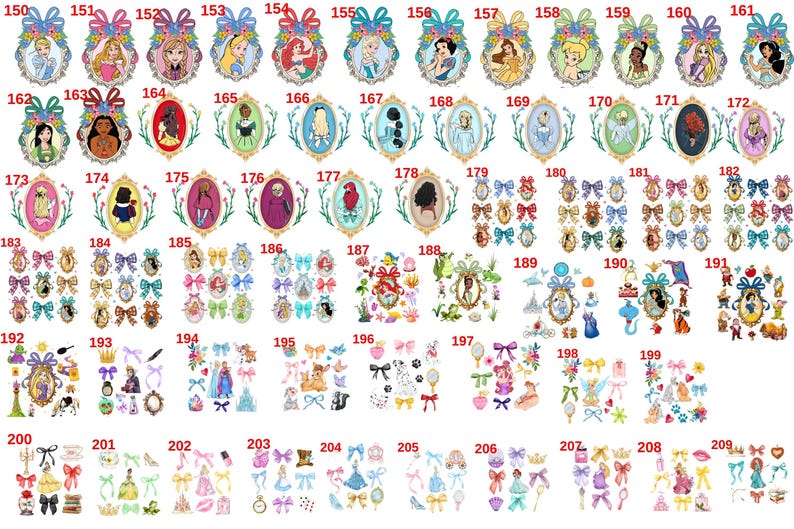 K&ouml;nnte beinhalten: Eine Sammlung verschiedener digitaler Aufkleber und Illustrationen zum Thema Prinzessinnen. Das Bild zeigt ovale Portr&auml;ts von Prinzessinnen, Schleifen und andere dekorative Elemente in verschiedenen Farben, darunter Rosa, Blau und Gold.
