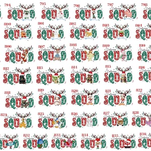 May include: A collection of graphic designs featuring the text Christmas Squad in red and green polka-dot lettering, topped with reindeer antlers. Each design includes a unique cartoon character illustration, numbered from 793 to 837.