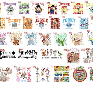 May include: A collection of colorful Toy Story-themed designs. The designs include characters like Woody, Buzz Lightyear, Jessie, and others, with text such as "Toy Story" and character names. The images are suitable for various products.