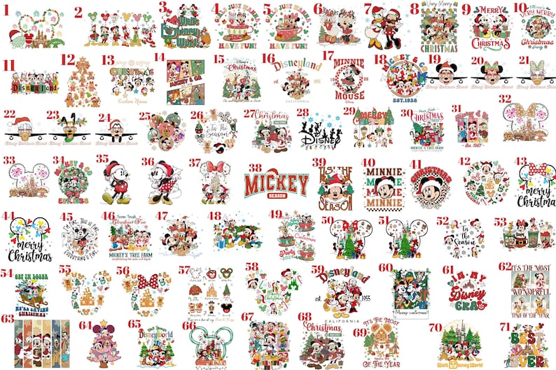 May include: A collection of seventy-one colorful graphic designs featuring various Disney characters including Mickey Mouse, Minnie Mouse, Donald Duck, and Goofy in holiday-themed scenes with text such as Merry Christmas, Disneyland, and Mickey Season.