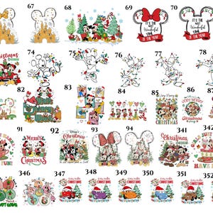 May include: A collection of Disney-themed Christmas designs. The images feature various characters like Mickey and Minnie Mouse, Donald Duck, and others, with festive elements such as Christmas trees, ornaments, and the text "Christmas".