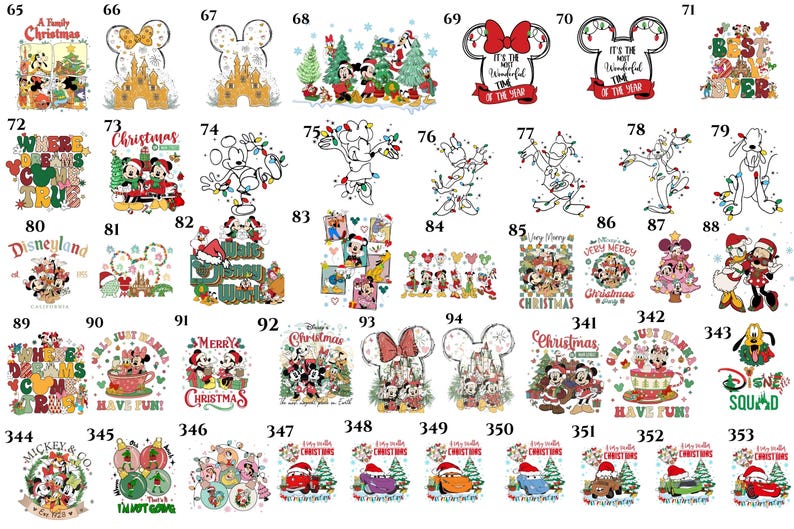 May include: A collection of Disney-themed Christmas designs. The images feature various characters like Mickey and Minnie Mouse, Donald Duck, and others, with festive elements such as Christmas trees, ornaments, and the text "Christmas".