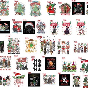 May include: A collection of forty-three graphic designs featuring Star Wars characters in Christmas-themed settings, including Yoda, Darth Vader, and Stormtroopers wearing Santa hats, with various holiday text and festive decorative elements.