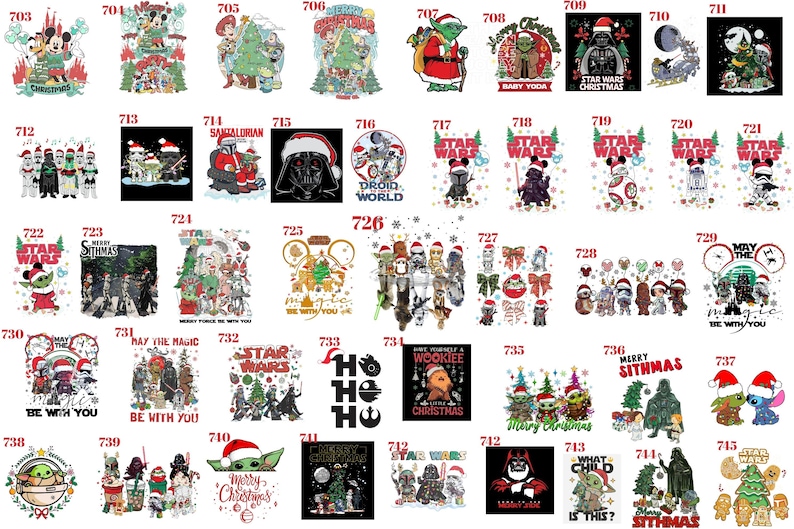 May include: A collection of forty-three graphic designs featuring Star Wars characters in Christmas-themed settings, including Yoda, Darth Vader, and Stormtroopers wearing Santa hats, with various holiday text and festive decorative elements.