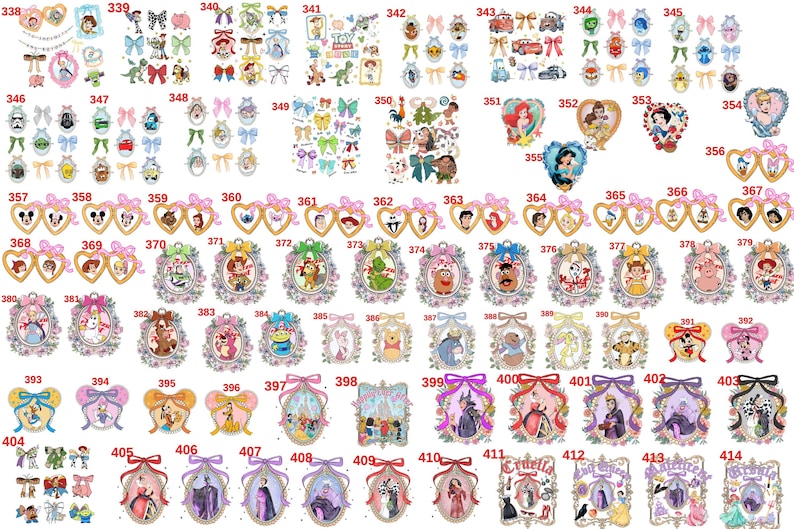 K&ouml;nnte beinhalten: Eine Sammlung von Aufklebern und Verzierungen zum Thema Disney. Die Designs umfassen Charaktere wie Micky Maus, Prinzessinnen und Schurken sowie Schleifen und herzf&ouml;rmige Rahmen. Die Farbpalette ist &uuml;berwiegend pastellfarben mit goldenen Akzenten.