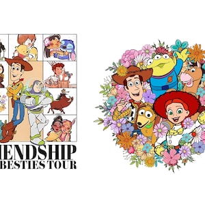 May include: A colorful illustration featuring characters from the Toy Story franchise and other Disney movies. The image includes Woody, Buzz Lightyear, and Jessie, surrounded by flowers. The text "FRIENDSHIP THE BESTIES TOUR" is also present.