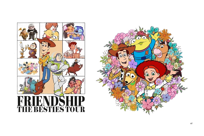 May include: A colorful illustration featuring characters from the Toy Story franchise and other Disney movies. The image includes Woody, Buzz Lightyear, and Jessie, surrounded by flowers. The text "FRIENDSHIP THE BESTIES TOUR" is also present.