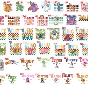 May include: A collection of graphic designs featuring characters from the animated film Toy Story. The designs include characters like Woody, Buzz Lightyear, and others, with text overlays.
