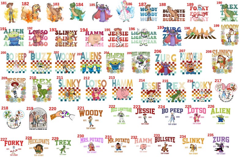 May include: A collection of graphic designs featuring characters from the animated film Toy Story. The designs include characters like Woody, Buzz Lightyear, and others, with text overlays.